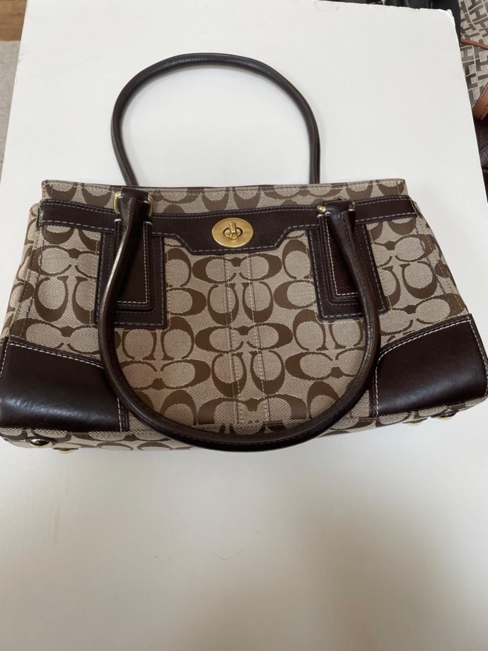 Coach Signature Canvas Tote in Khaki and Dark Brown Leather